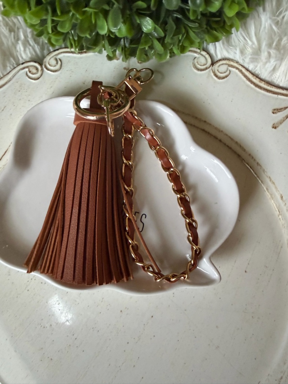 Brown Faux Leather Tassel Keychain with Gold Chain - Picture 2 of 7